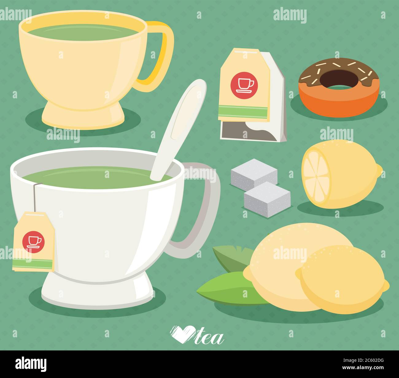 Flat vector tea set. Cup of tea, lemon, sugar, leaf. Stock Vector