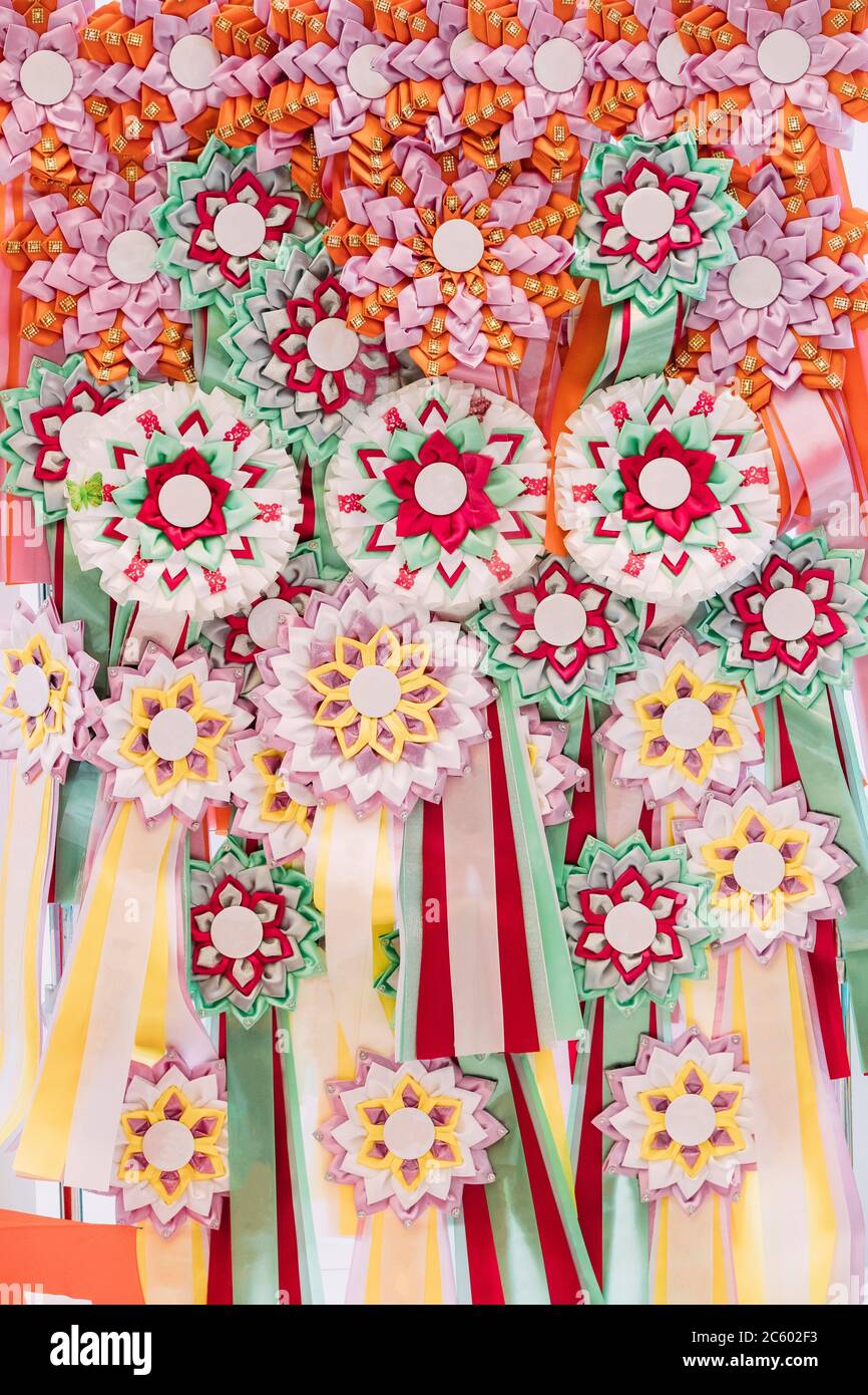 Different Ribbon Awards Badges For Winners In Competition Stock Photo