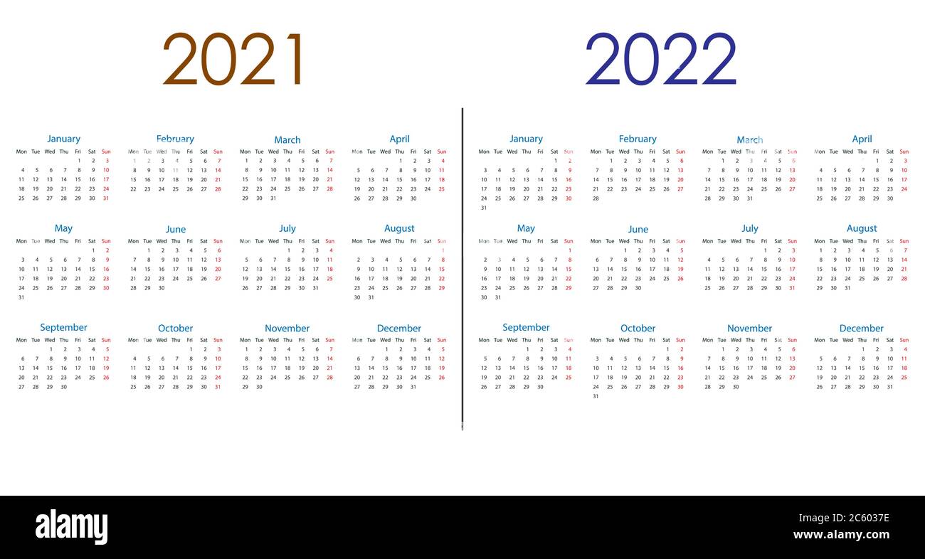 2021, 2022 calendar, week starts Monday. Vector illustration, flat design. Stock Vector