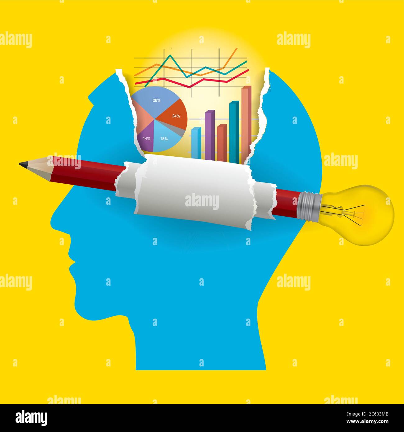 Smart business solutions, student of economy. Illustration of stylized male head with Pencil with bulb and ripped paper with economy charts. Stock Vector