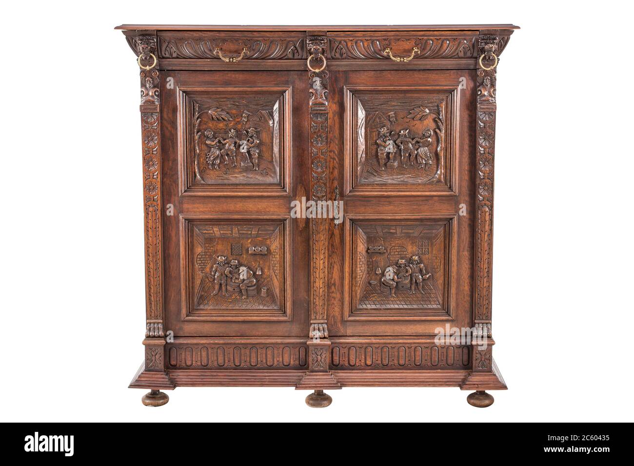 Old original European antique wooden carved sideboard buffet cabinet Stock Photo