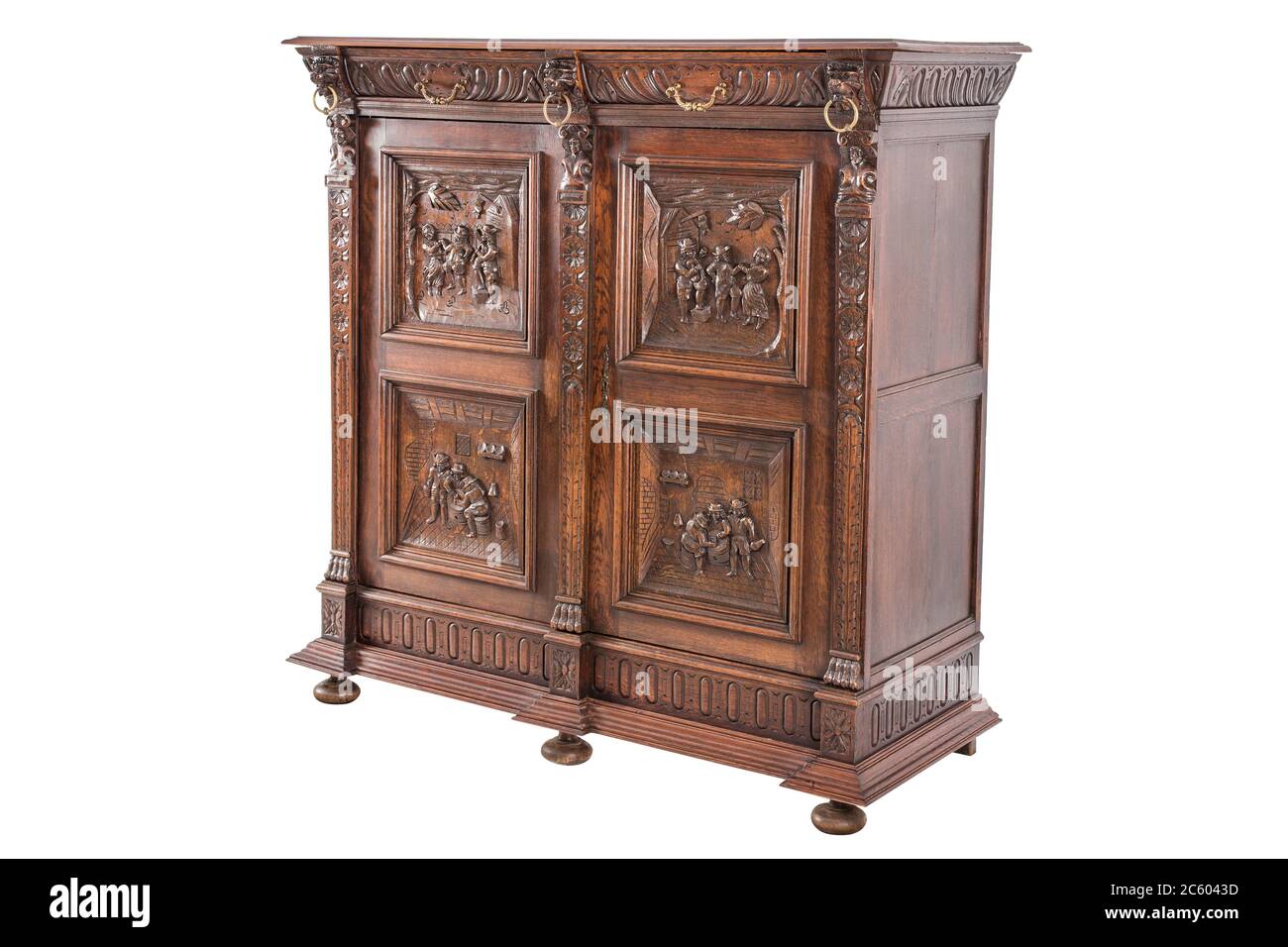 Old original European antique wooden carved sideboard buffet cabinet Stock Photo