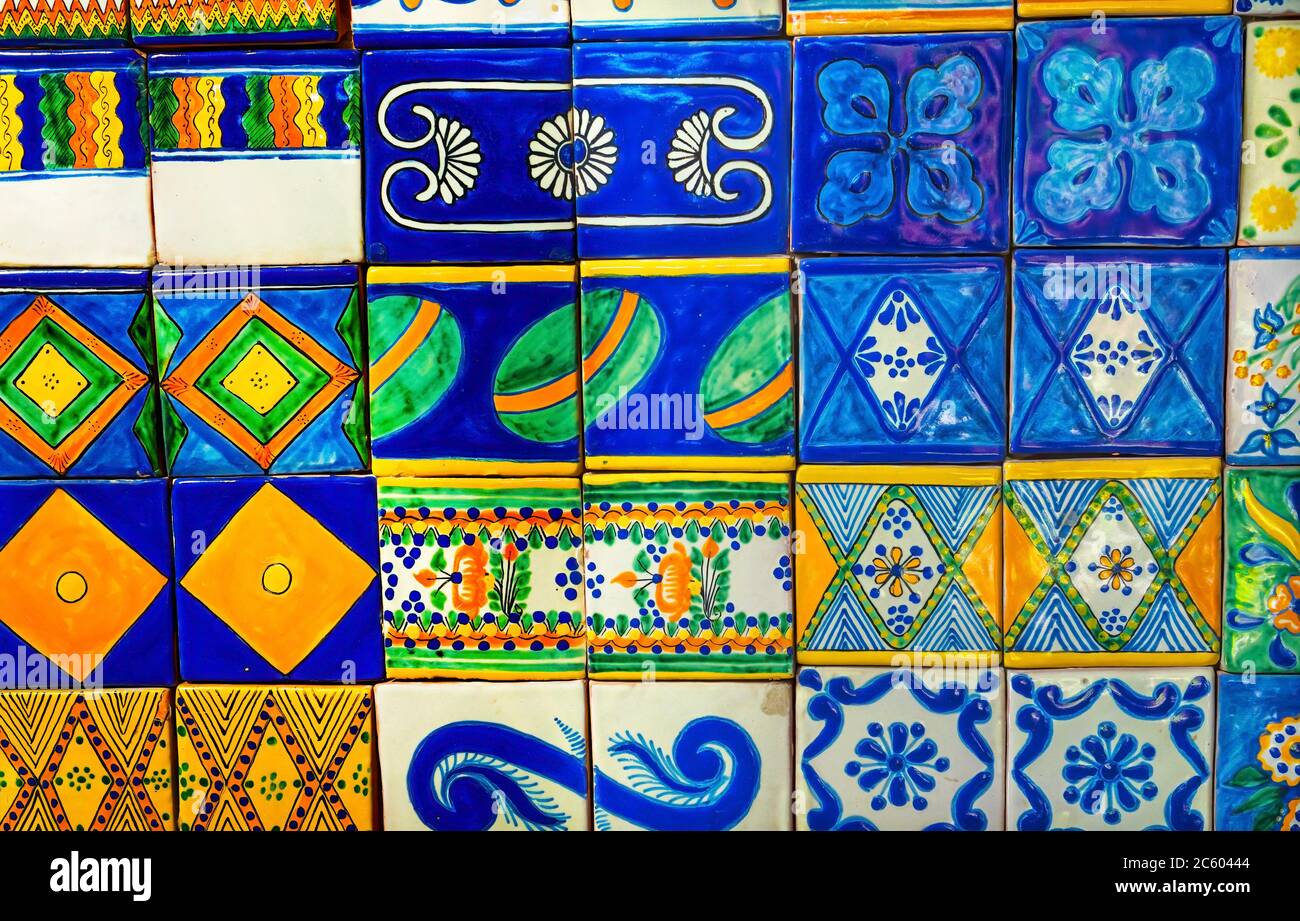 Colorful Blue Yellow Talavera Ceramic Tiles Native Decorations Puebla Mexico. Ceramics goes back 1000s of years and many ceramic factories in Puebla Stock Photo