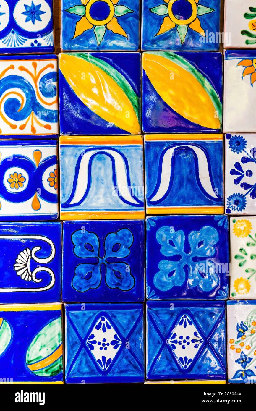 Colorful Blue Yellow Talavera Ceramic Tiles Native Decorations Puebla Mexico. Ceramics goes back 1000s of years and many ceramic factories in Puebla Stock Photo
