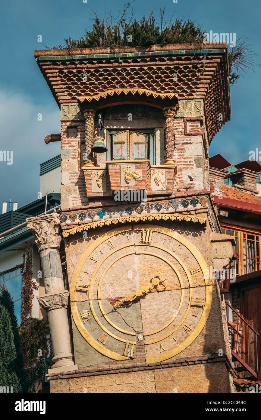 Tbilisi, Georgia. Close Up Details Of Famous Rezo Gabriadze Marionette Theater Clock Tower On Old City. Puppet Theater Museum In Tbilisi, Georgia, Stock Photo