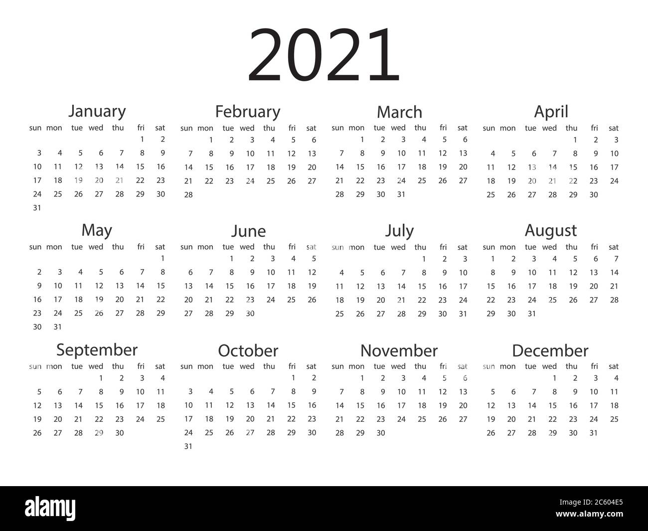 2021 calendar, week starts Sunday. Vector illustration, flat design. Stock Vector