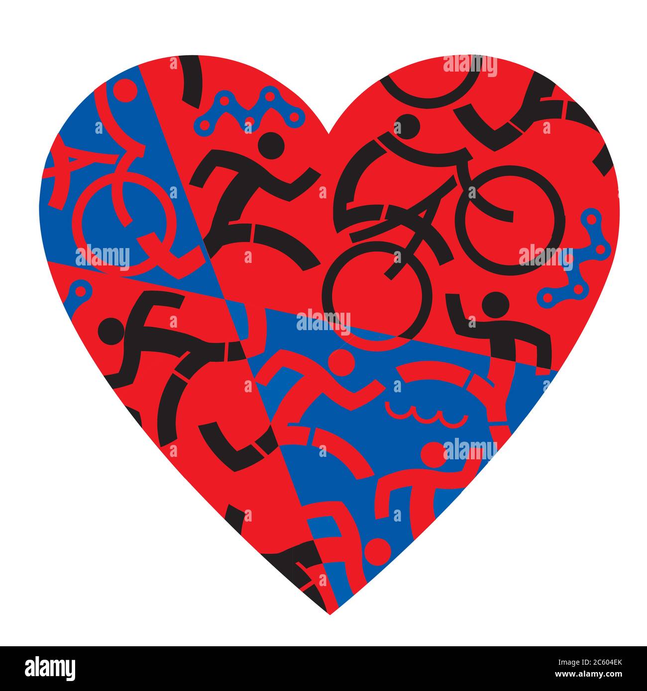 I love Triathlon, running, swimming, cycling. Illustration with red and black heart symbol with triathlon athletes, swimmers, cyclists, runners. Stock Vector