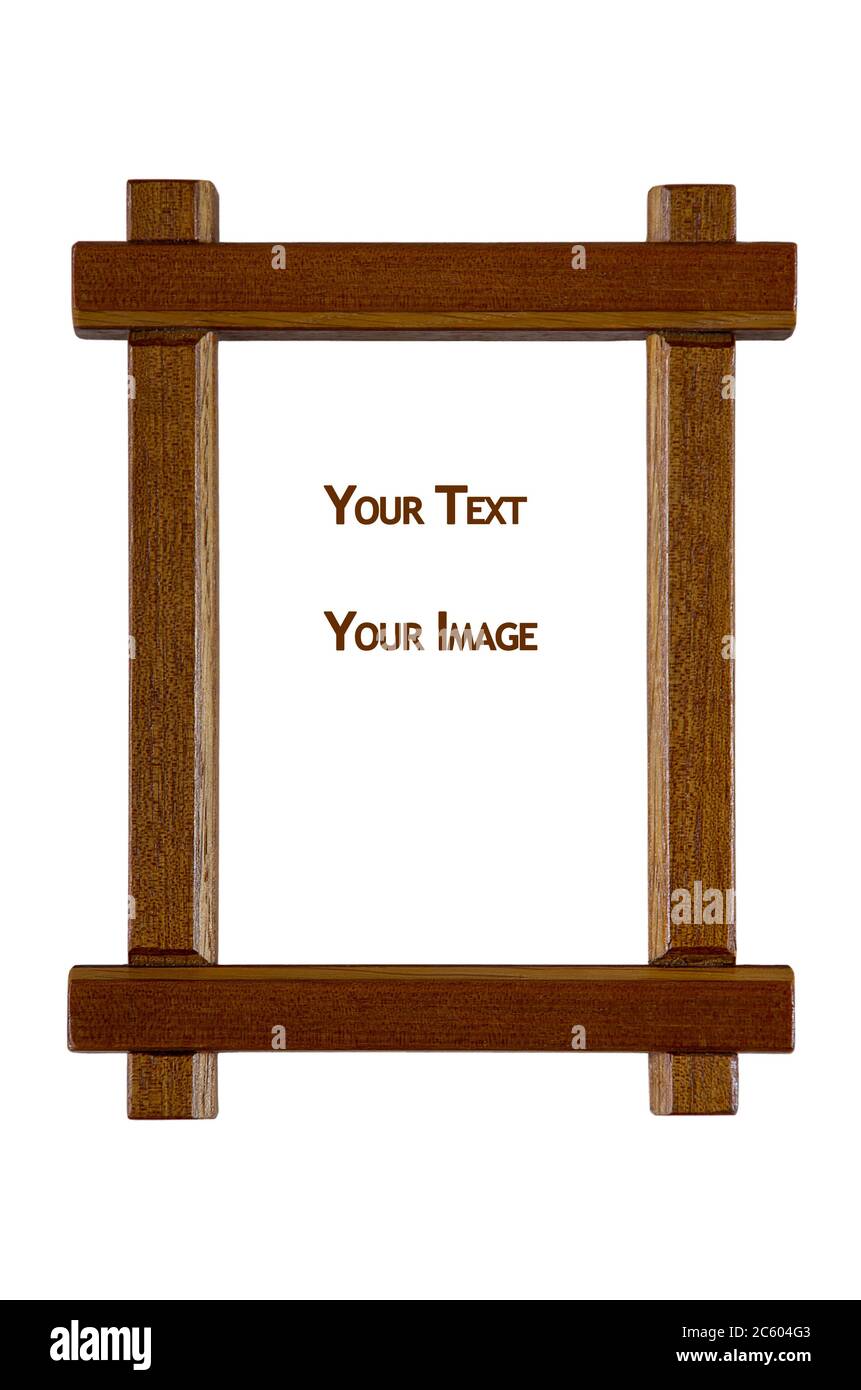 Beautiful wooden frame with empty space for text and images isolated on white. Stock Photo