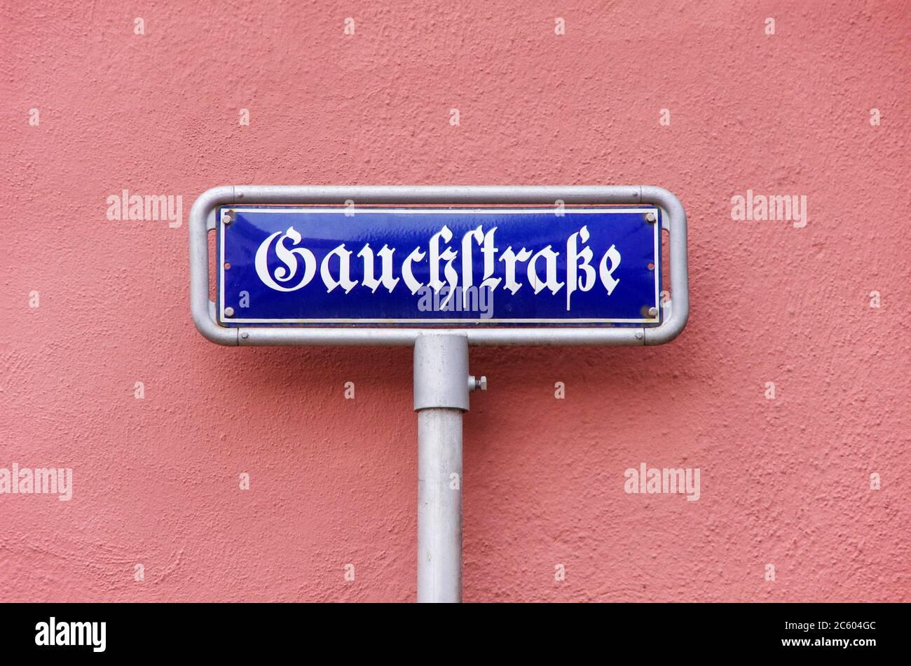 Probably misspelled street sign that reads like Gauckstrasse, Gauchstrasse in Freiburg, Baden-Württemberg, Germany. Stock Photo