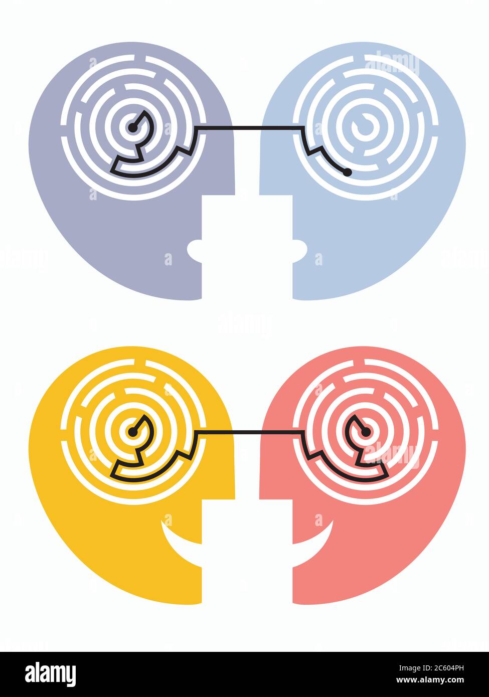 Understanding and misunderstanding, psychology concept. Two stylized human heads with the resolved and unresolved labyrinth. Vector available. Stock Vector
