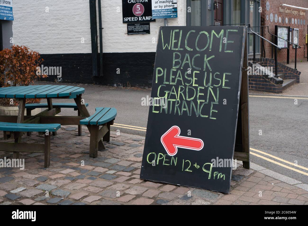 Welcome Back sign at Pub. Ye Olde White Hart. Kinver. UK Stock Photo