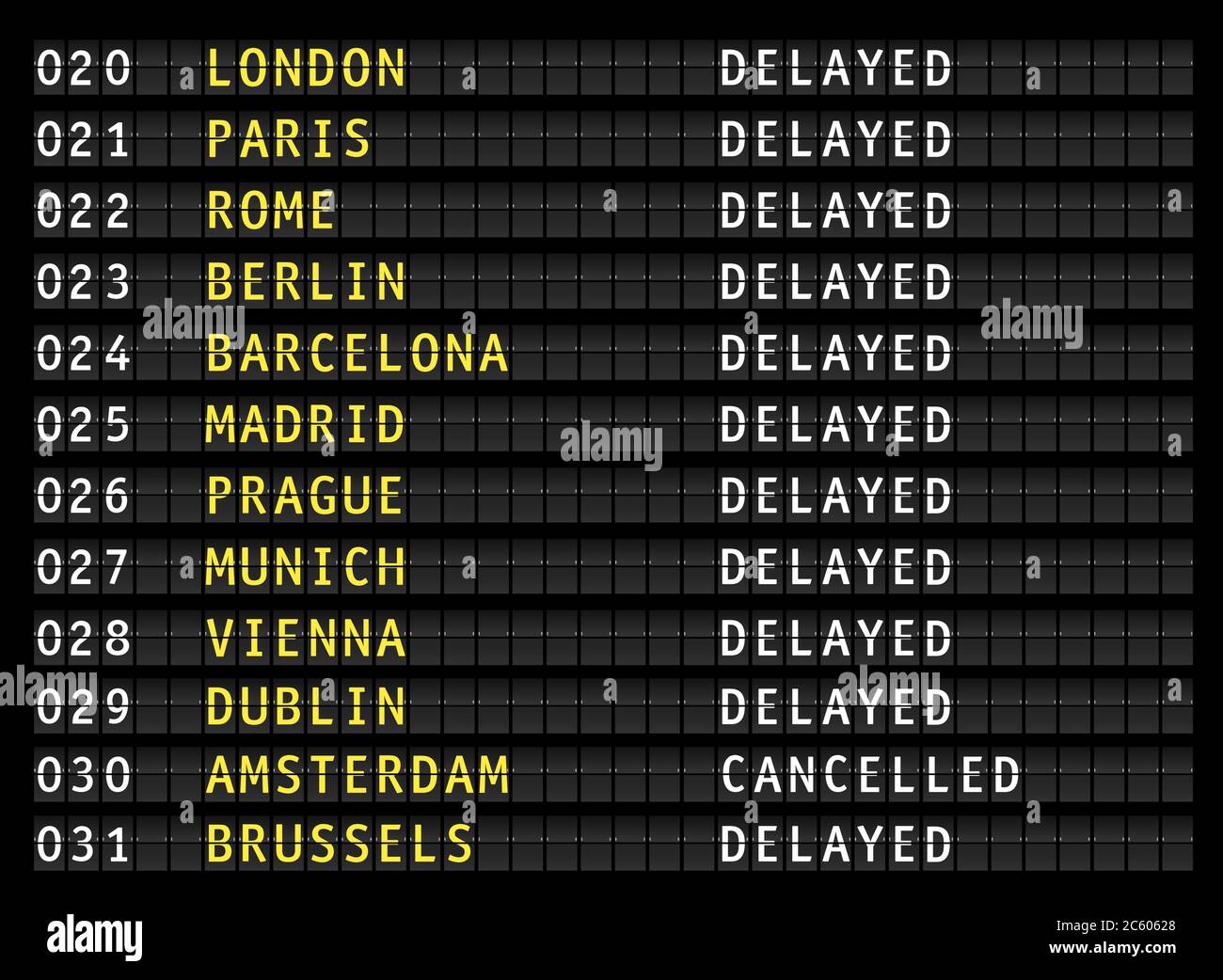 Delayed and cancelled flights on airport information display board ...