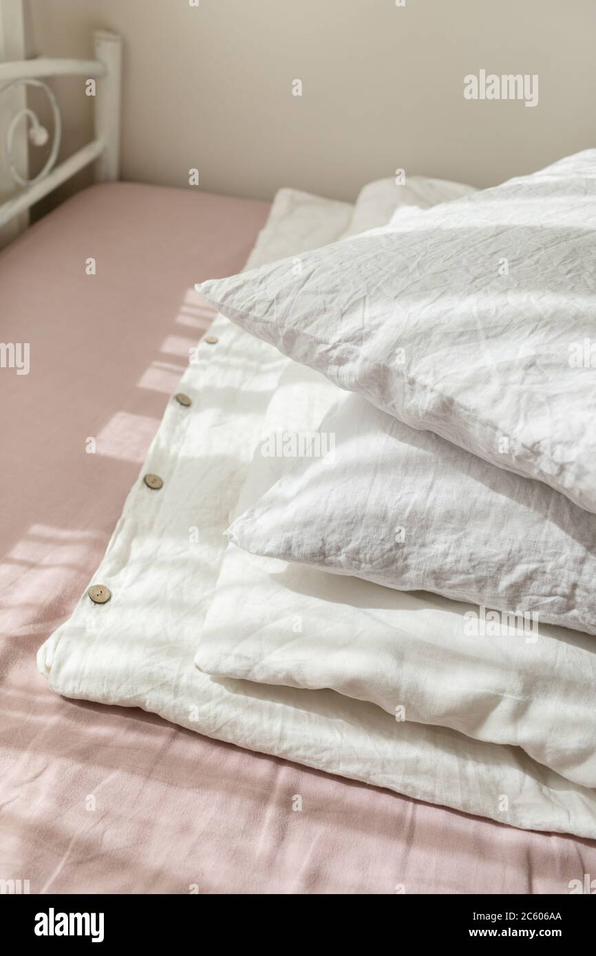 Pile Of Textile Linen Pillows Blankets Bedclothes Natural Organic Cotton Morning Mood Stock Photo Alamy
