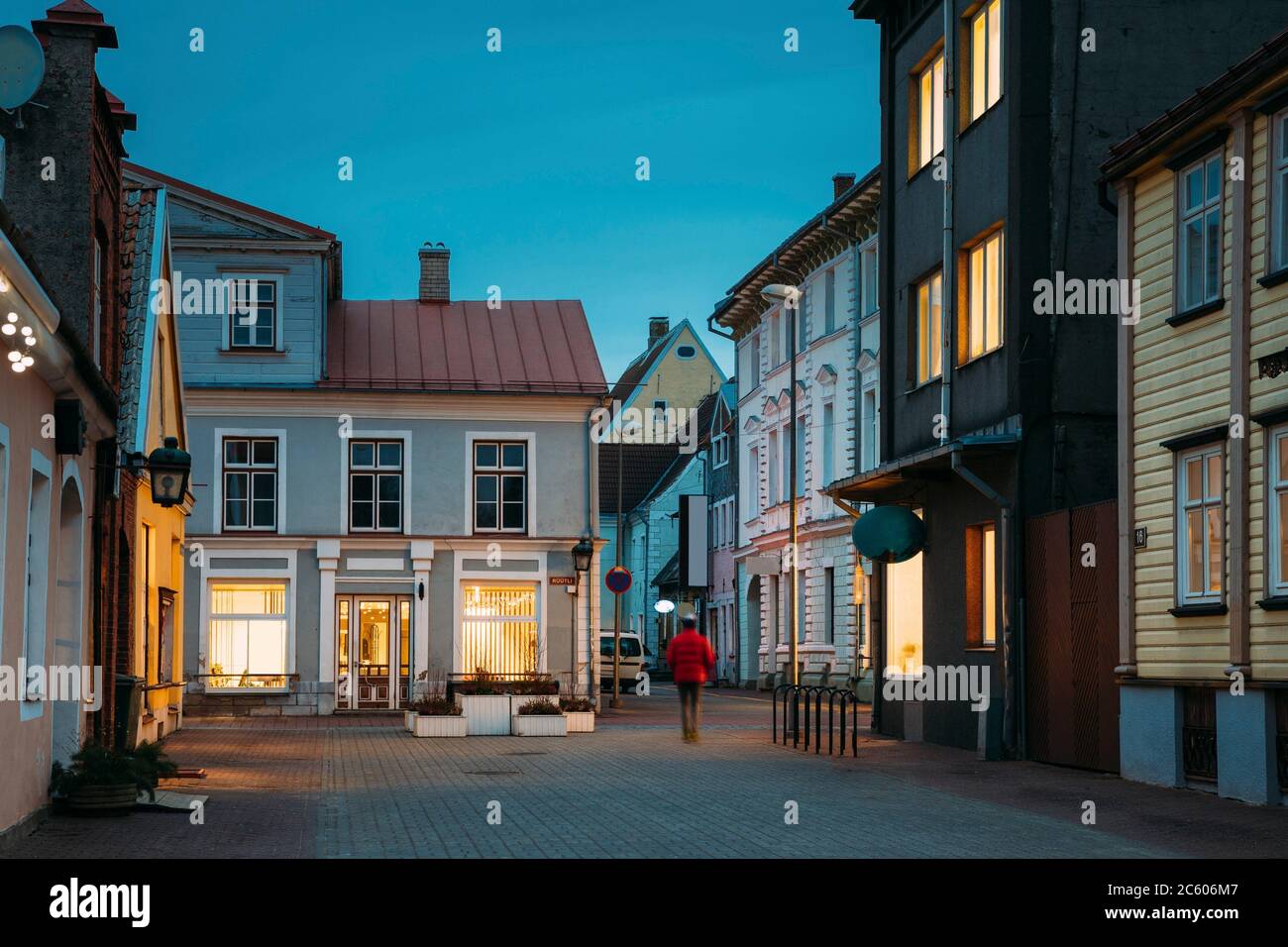 Parnu, Estonia. Night View Of Puhavaimu Street With Old Buildings