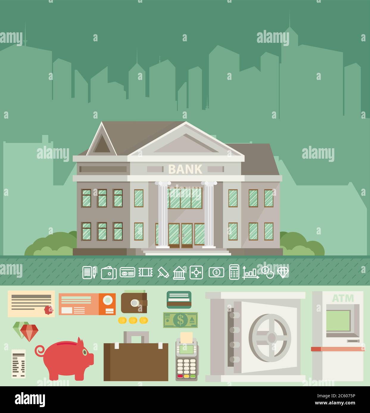 Bank building in city space with icons in flat style. Flat vector Stock ...