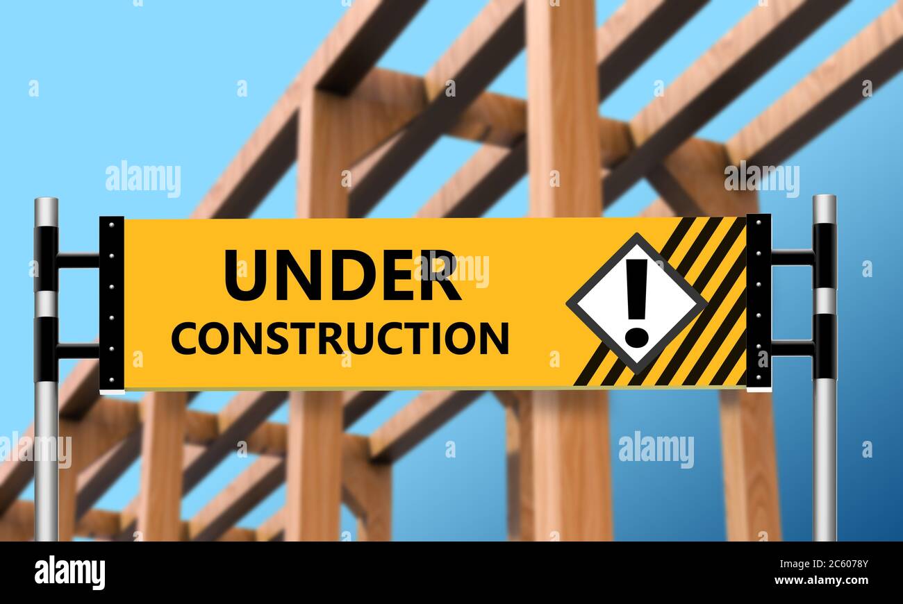 The wooden house with a warning label under construction Stock Photo