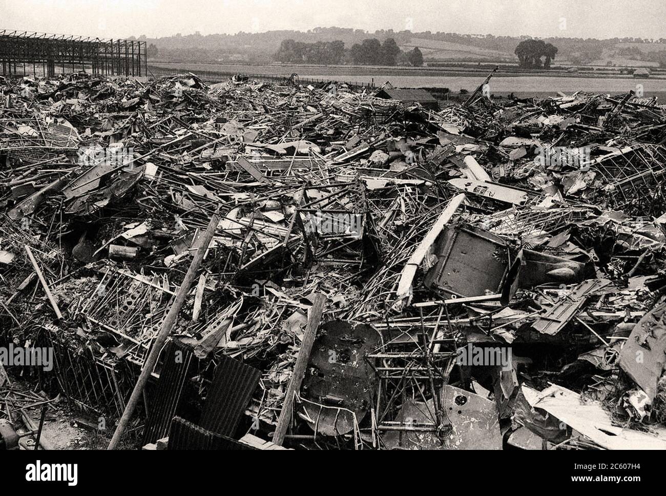 A huge scrap heap where German planes, brought down over Great Britain, were dumped, photographed on August 27, 1940. The large number of Nazi planes Stock Photo