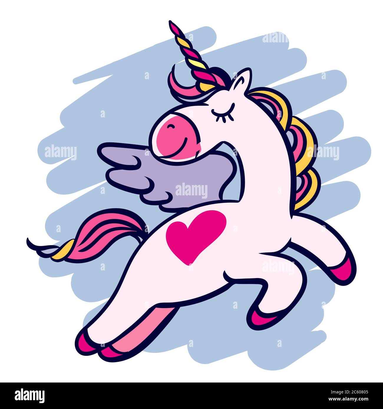 Hand-drawn magical flying unicorn with a heart. Stock Vector