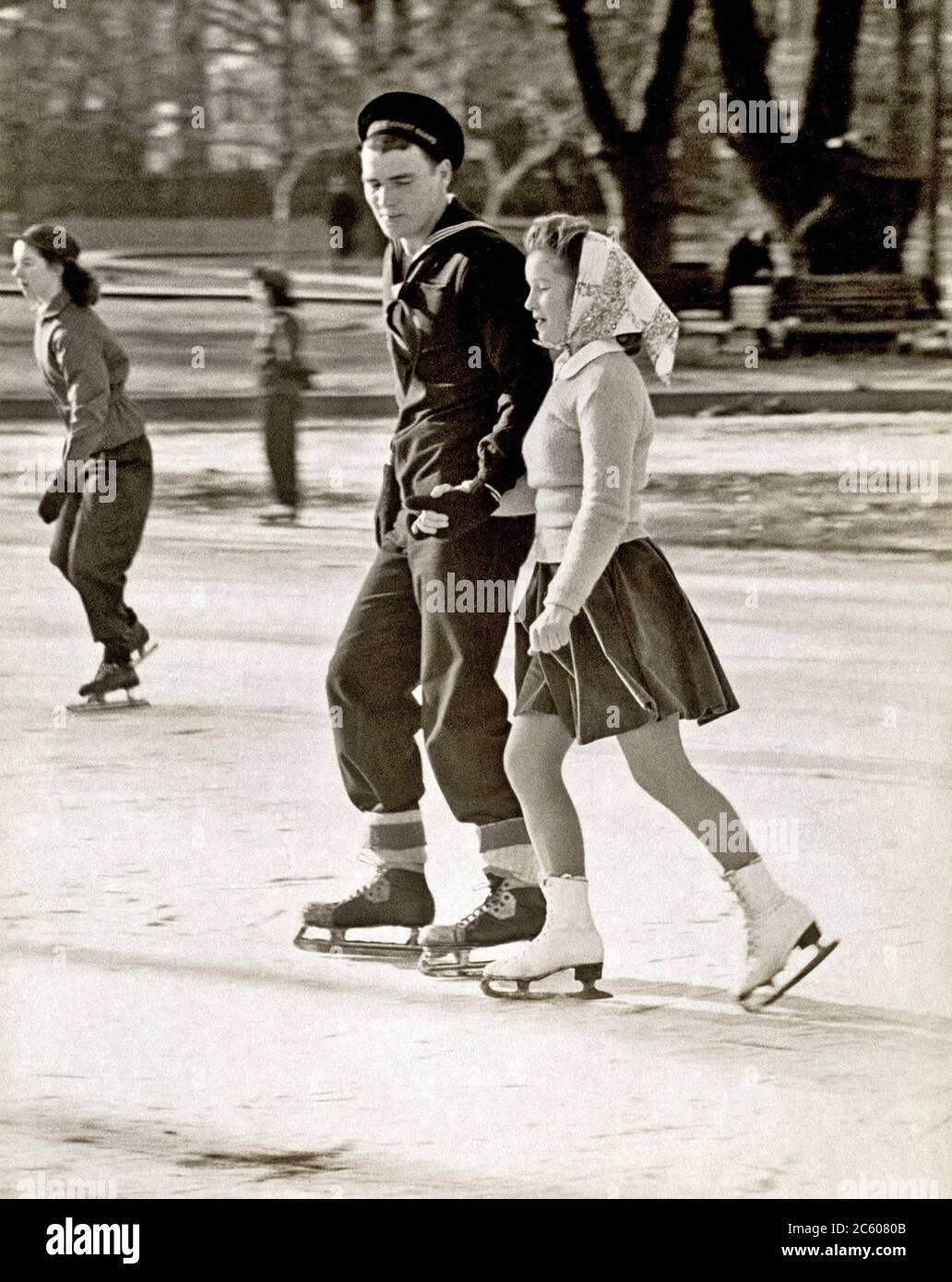 Retor photo of Boston Public Garden, ice skating Stock Photo