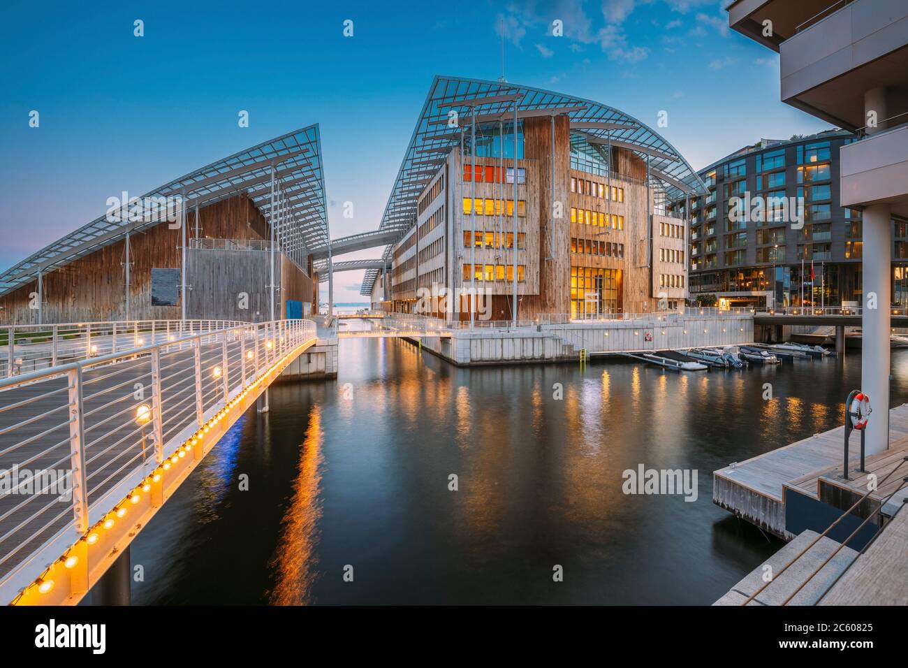 Oslo, Norway. Museum of Modern Art In Residential Multi-storey Houses In Aker Brygge District In Summer Evening. Famous And Popular Place. Stock Photo