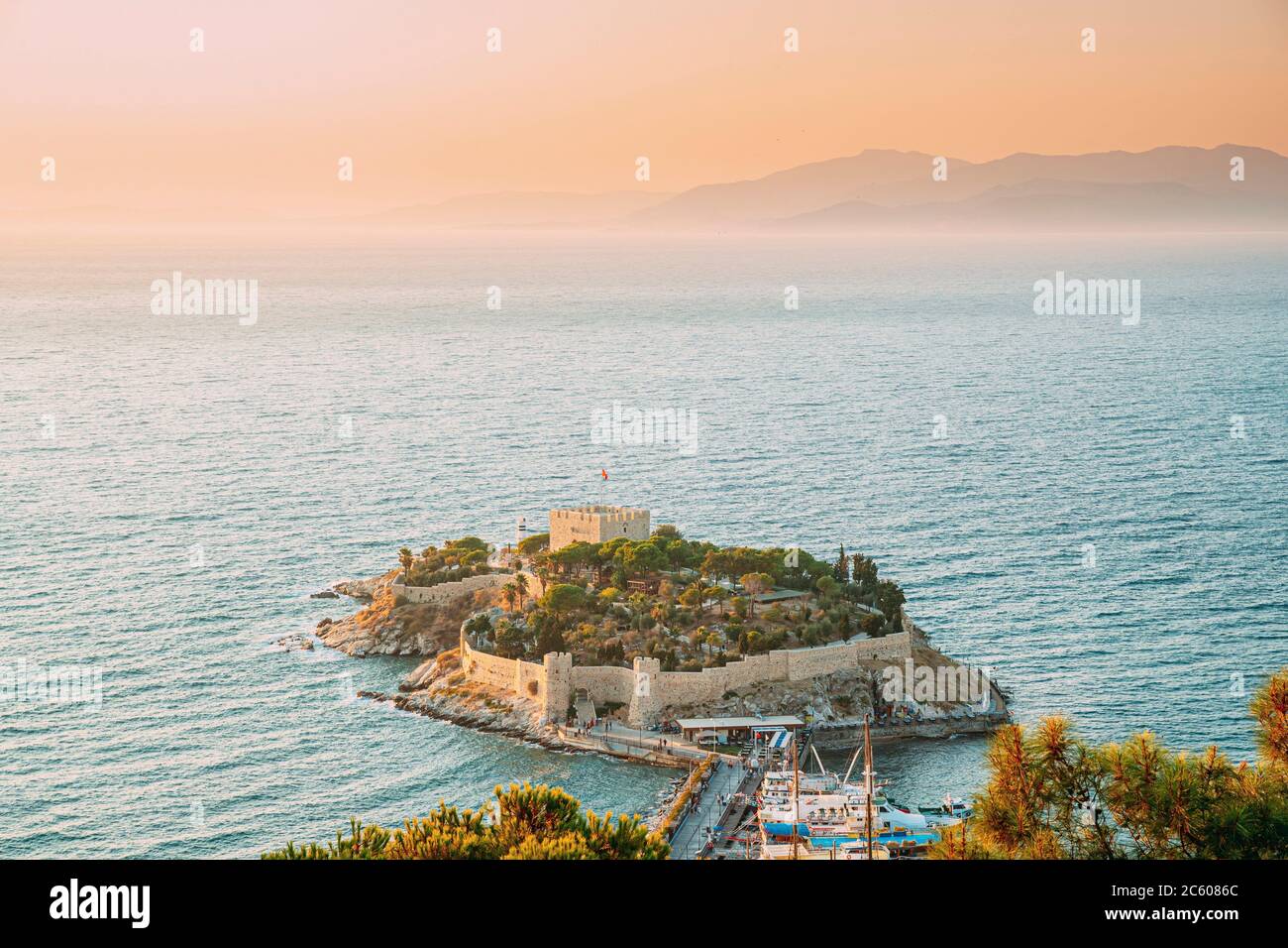https www alamy com kusadasi aydin province turkey top view of the pigeon island old 14th 15th century fortress on guvercin adasi in the aegean sea bird island image365112116 html