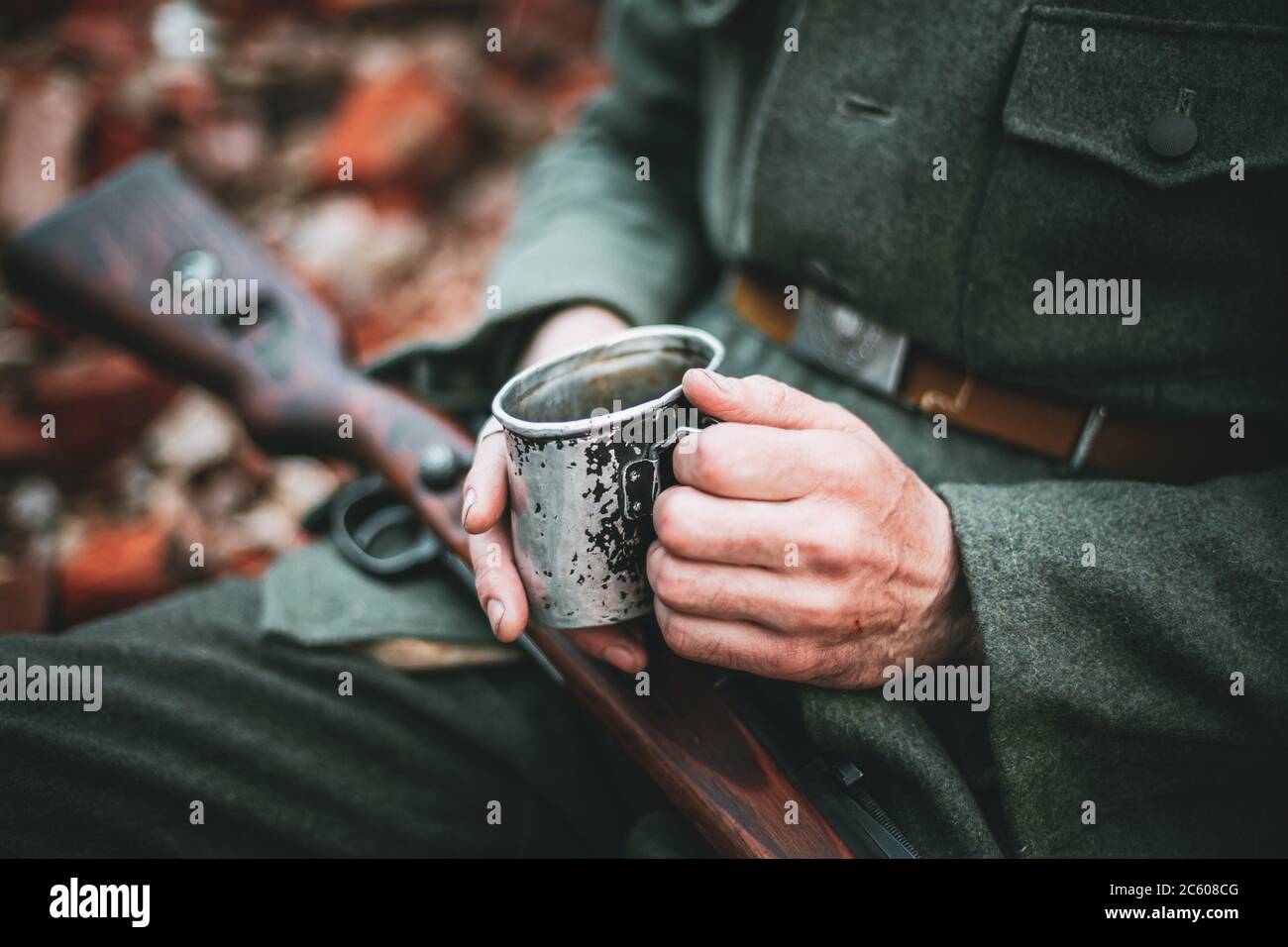 Unidentified Reenactor Dressed As German Wehrmacht Infantry Soldier In