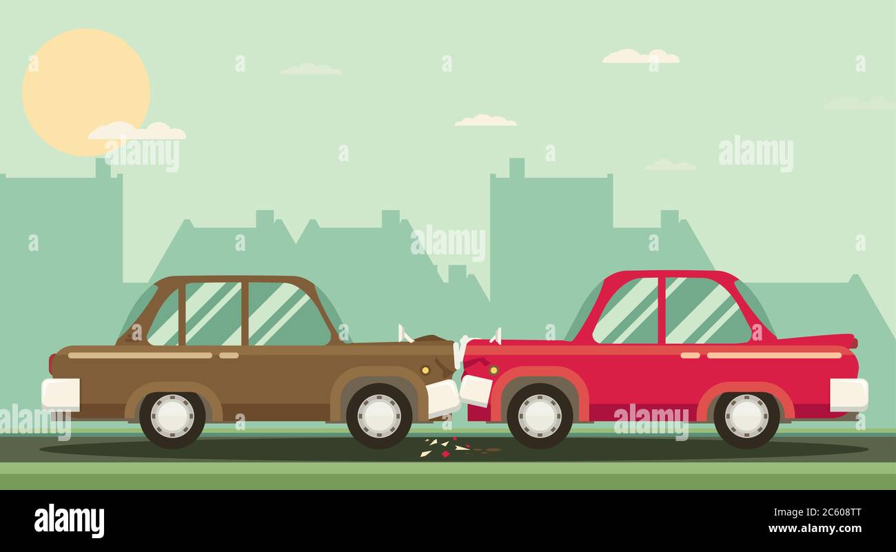 Car crash. Two cars hit head-on. Flat design. Stock Vector