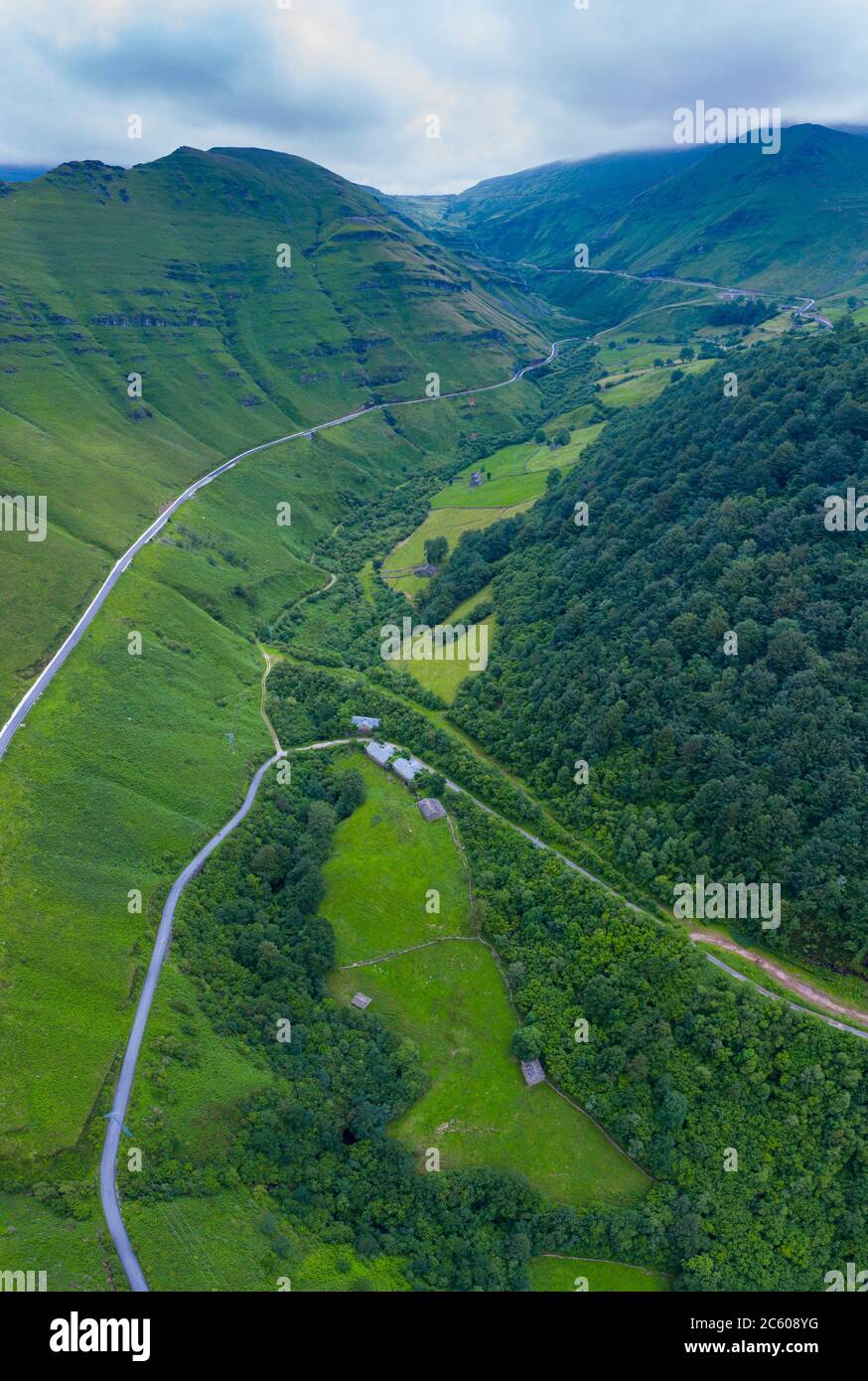 Aerial view of the Yera station at the North mouth of the La Engaña Tunnel, Vega de Pas, Valles Pasiegos, Cantabria, Spain, Europe. Stock Photo