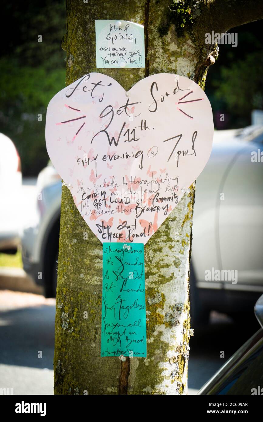 Messages on a tree in Vancouver, BC, Canada, during the covid-19 pandemic. Stock Photo