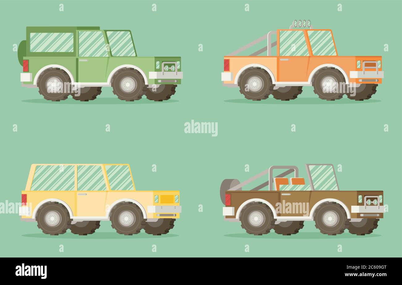 Off road car set isolated on color background. Flat vector illustration Stock Vector