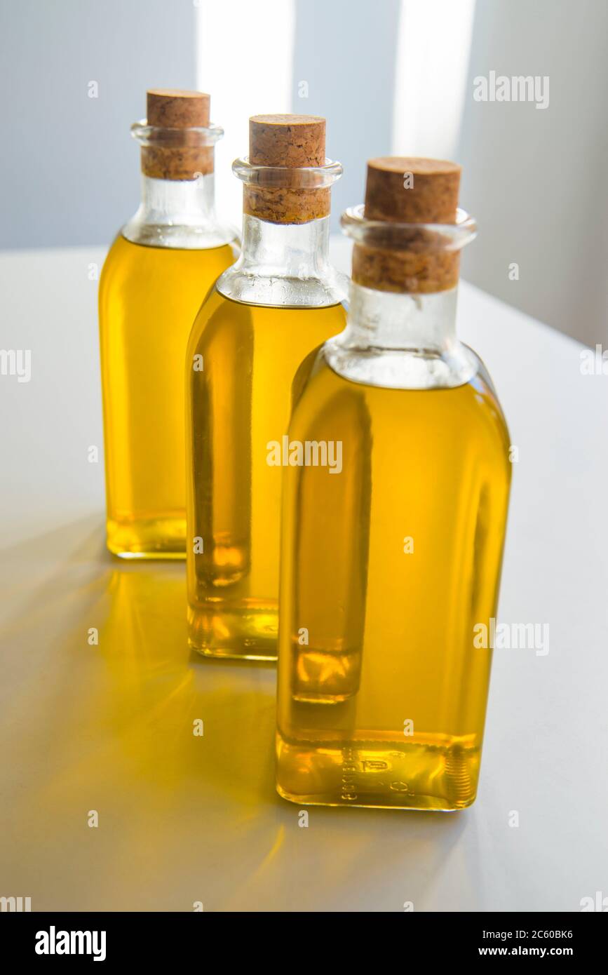 Three oil bottles with olive oil. Spain. Stock Photo