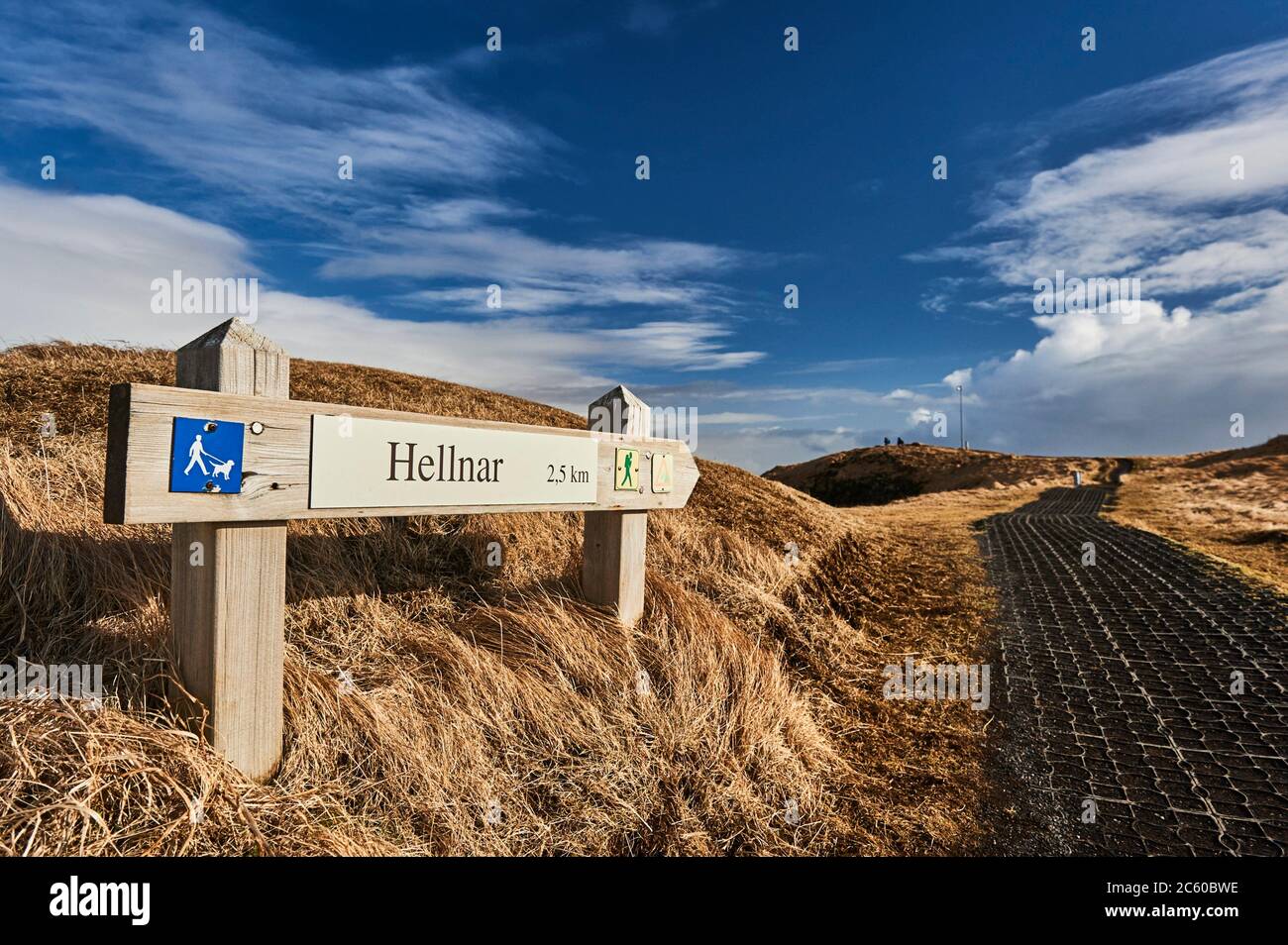 Path sign of Hellnar-Arnarstapi coastal path, Snaefellsnes peninsula (region of Vesturland, Iceland). Stock Photo