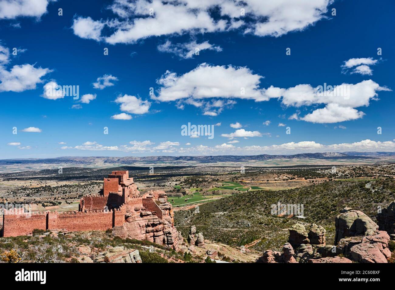 Peracense Castle in Menera mountain range. In the background Jiloca valley, Teruel province (region of Aragon, Spain) Stock Photo