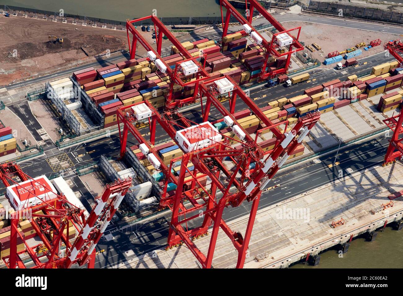An aerial view of Peel Port, Seaforth Docks, Liverpool, Merseyside, North West England, UK Stock Photo