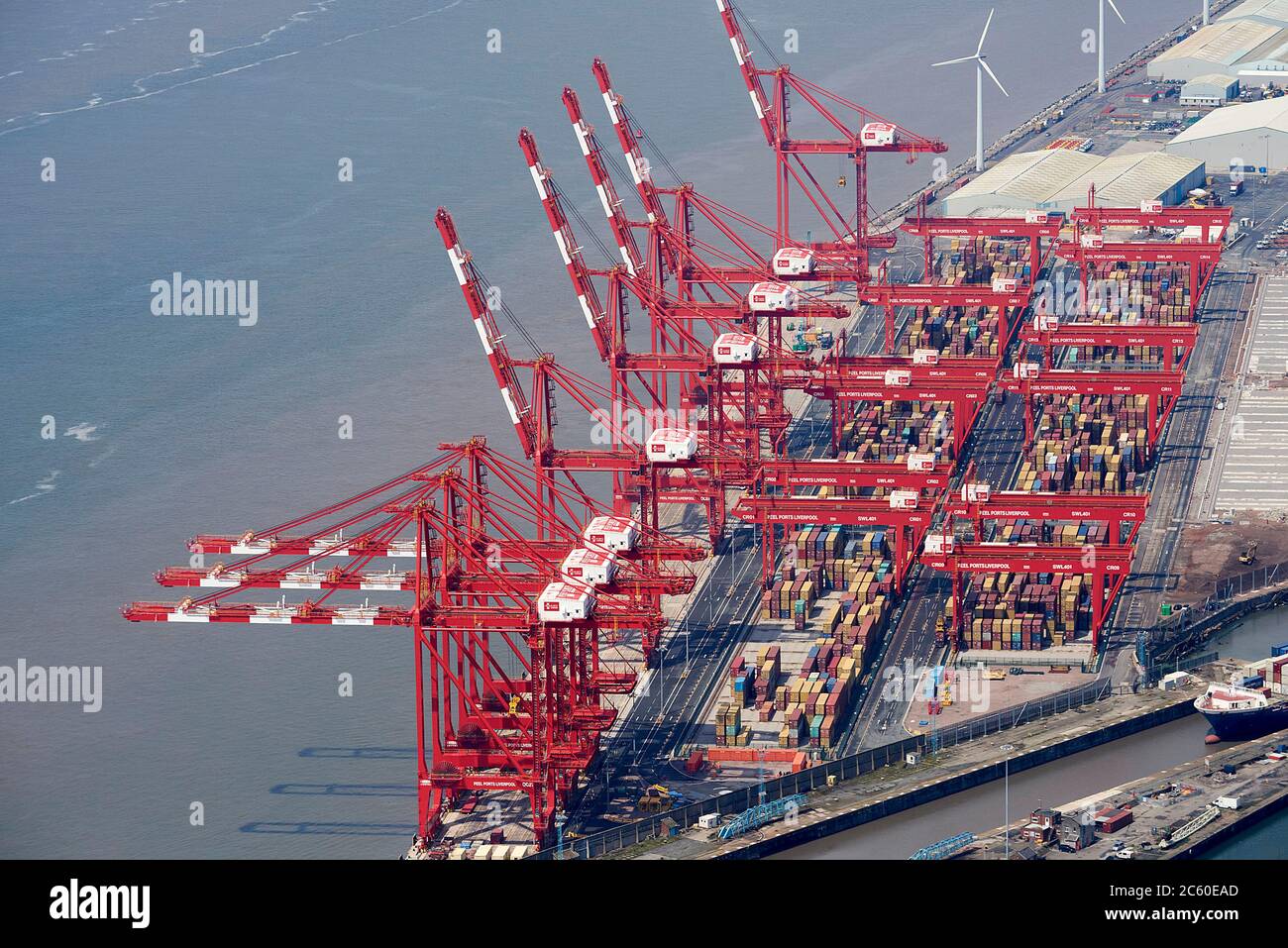 An aerial view of Peel Port, Seaforth Docks, Liverpool, Merseyside, North West England, UK Stock Photo