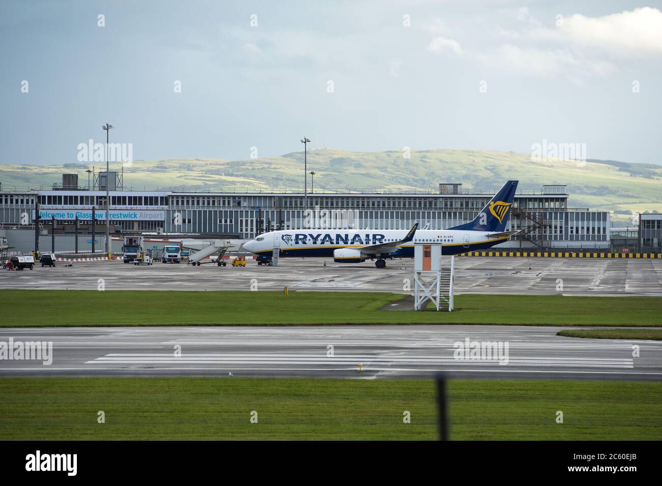 Prestwick, Scotland, UK. 5 July 2020. Ryanair which is one of Europe's largest low cost scheduled airlines, is to axe jobs due to the coronavirus (COVID19) pandemic which has affected the global aviation industry, forcing many airlines to either go bust or cut huge numbers of staff in order to survive. Credit: Colin Fisher/Alamy Live News. Stock Photo