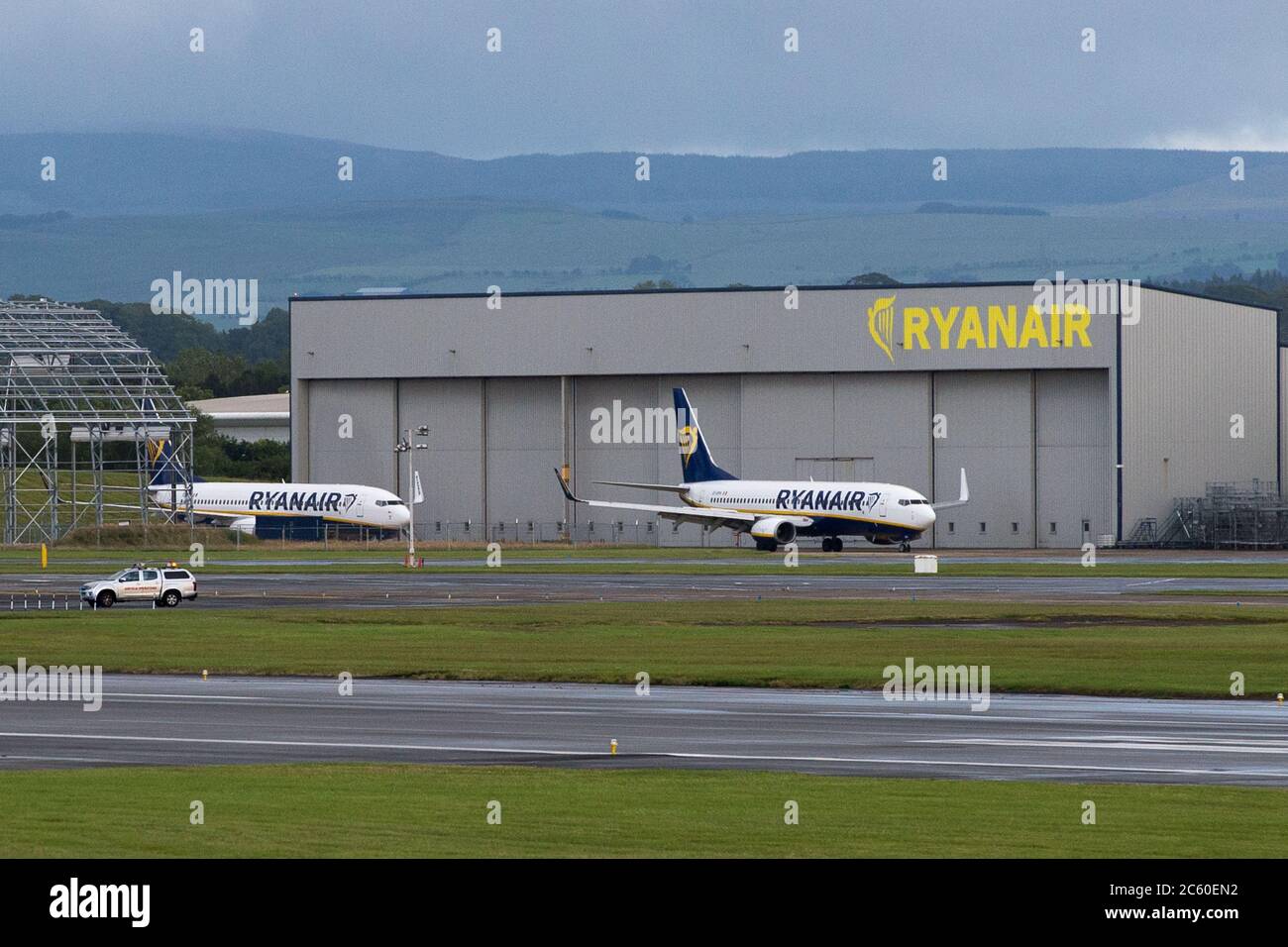 Prestwick, Scotland, UK. 5 July 2020. Ryanair which is one of Europe's largest low cost scheduled airlines, is to axe jobs due to the coronavirus (COVID19) pandemic which has affected the global aviation industry, forcing many airlines to either go bust or cut huge numbers of staff in order to survive. Credit: Colin Fisher/Alamy Live News. Stock Photo