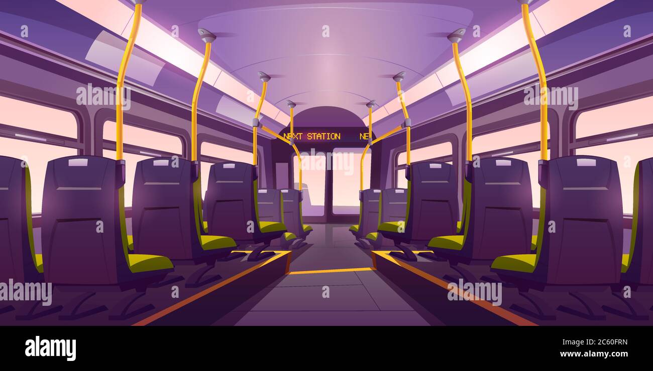 Empty bus or train interior with chairs, handrails and windows. Vector  cartoon cabin of passenger carriage transport with comfortable seats and  digital display back view Stock Vector Image & Art - Alamy