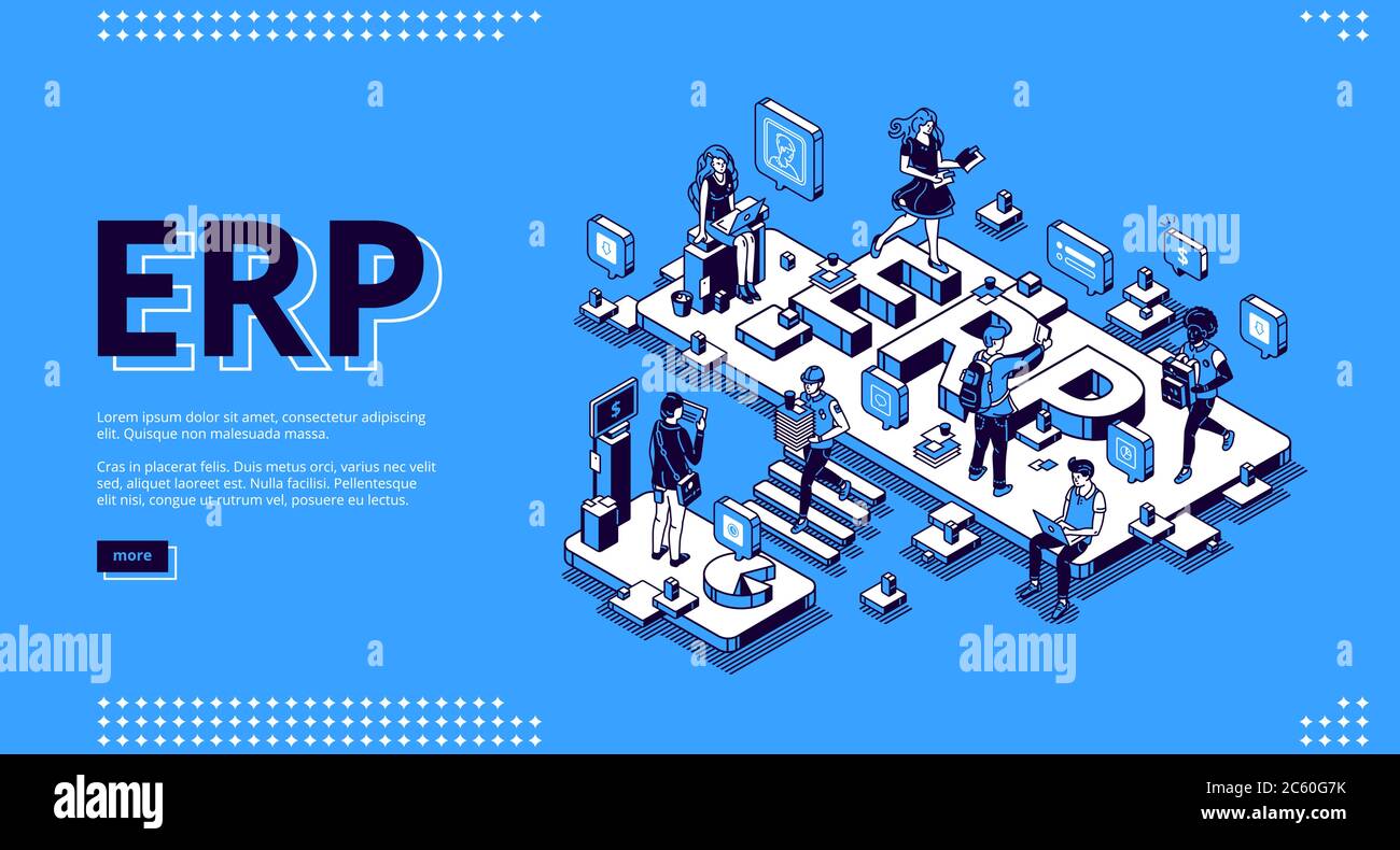 ERP, enterprise resource planning isometric landing page. Productivity and improvement system, data analysis business integration concept, business people work in office 3d vector line art web banner Stock Vector