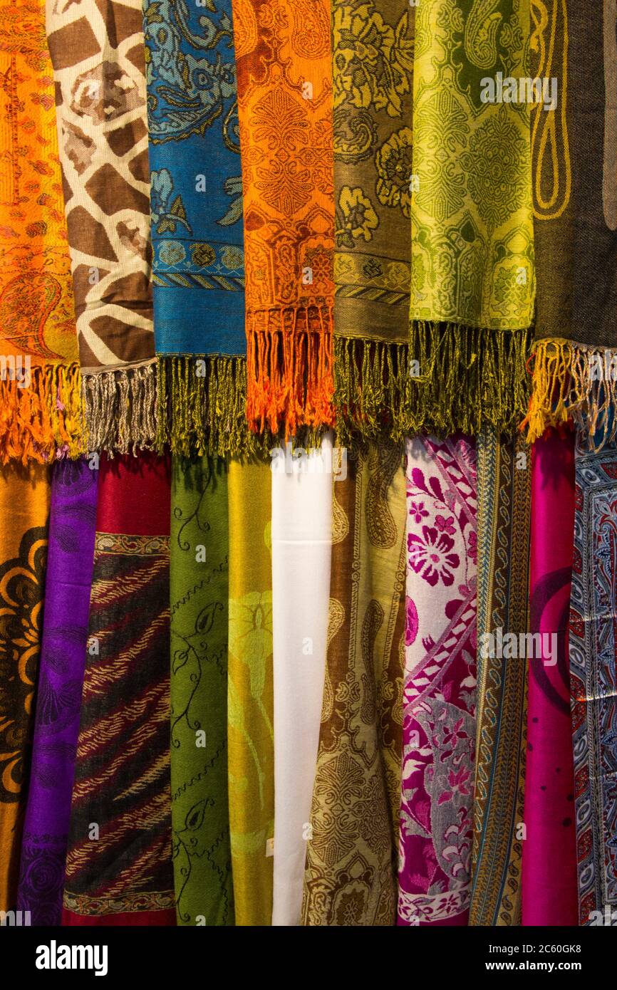 Textiles for Sale, Khan al-Khalili, Bazaar, Cairo, Egypt Stock Photo