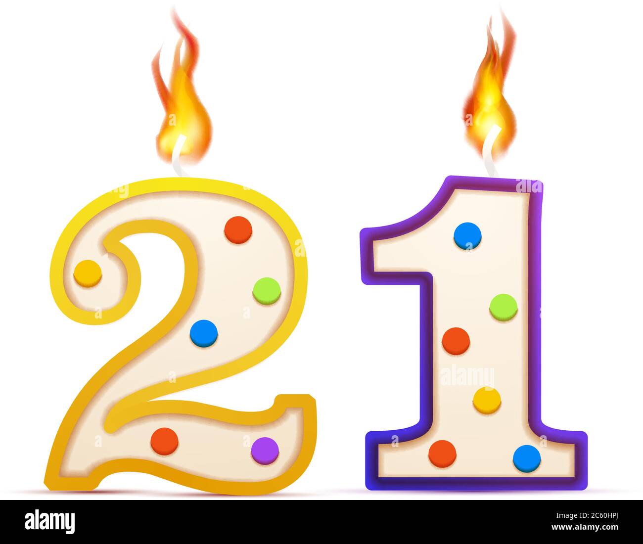 Twenty one years anniversary, 21 number shaped birthday candle with fire on white Stock Vector