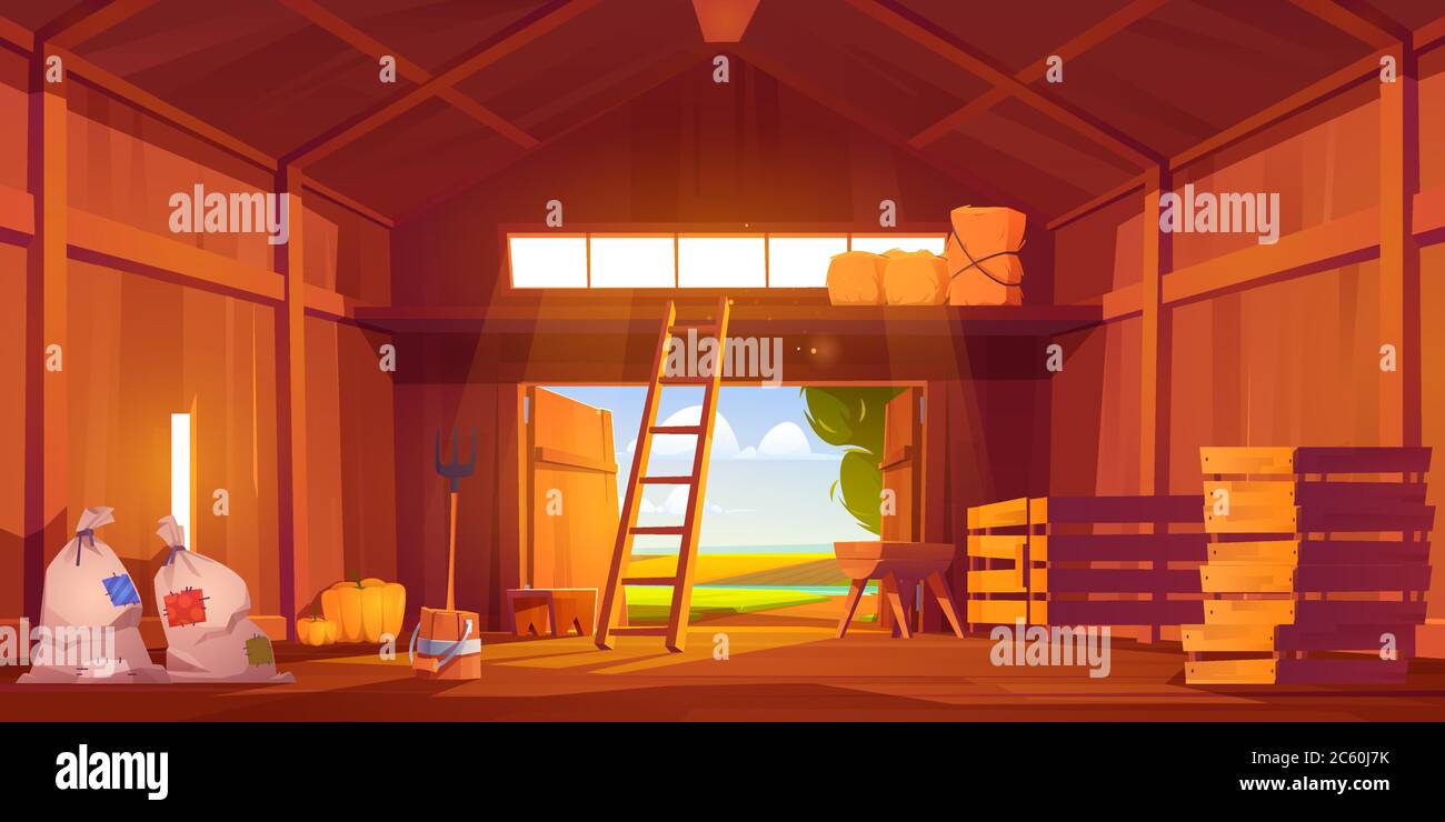 Barn on farm with harvest, straw and hay. Vector cartoon interior of old wooden shed with haystack on loft, ladder, fork, bags and pumpkin. Rural barnhouse for storage harvest Stock Vector