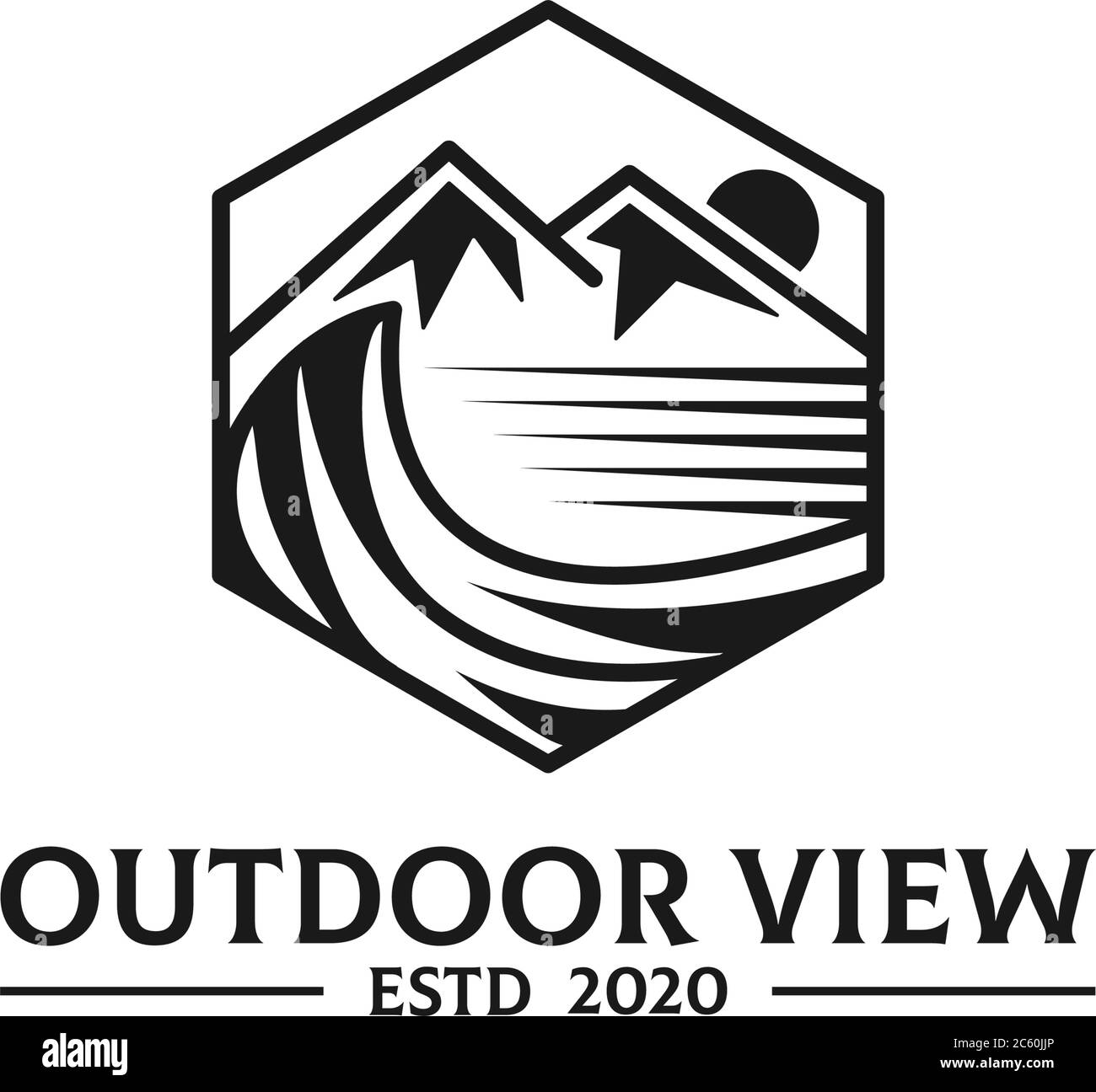 Outdoor View logo Mountain and sea vector with simple line design Stock Vector