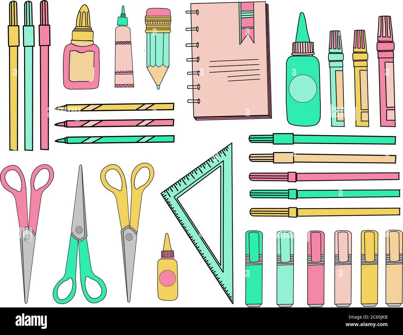 school sticker set. School accessories. Stationery on a white isolated background. Scissors, triangle ruler, pencils, pens and markers Stock Vector