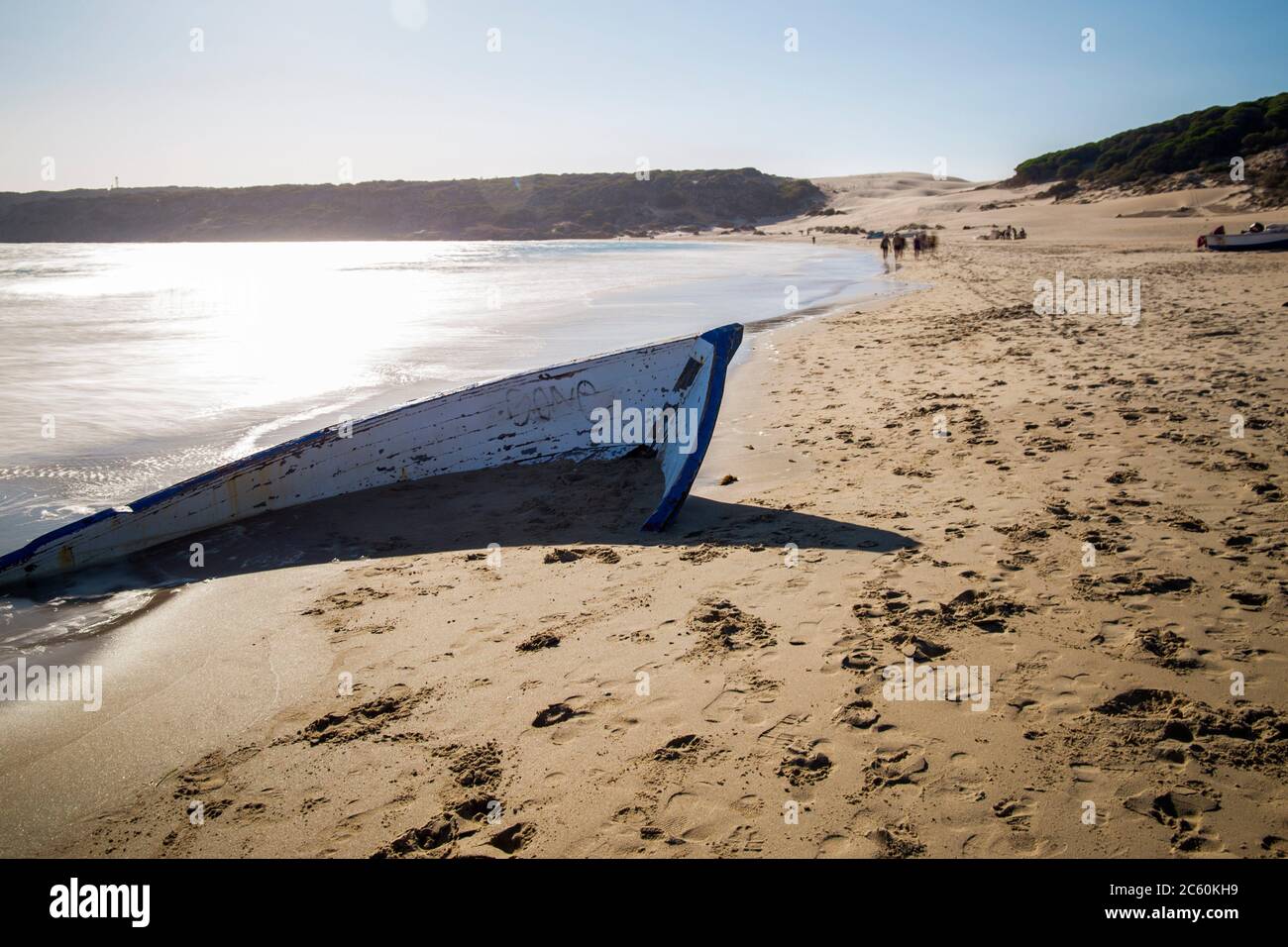 Patera, ruined boat in Bolonia beach in Cadiz province Andalusia Spain. Stock Photo