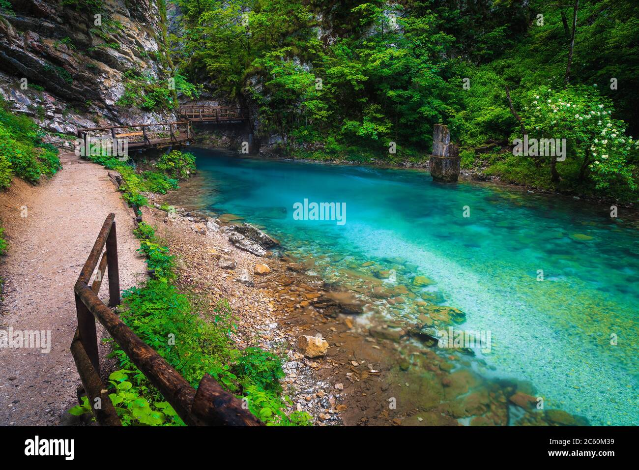 Majestic nature touristic attraction near Bled. Beautiful Vintgar gorge with wooden footbridge and spectacular emerald color Radovna river, near Bled, Stock Photo