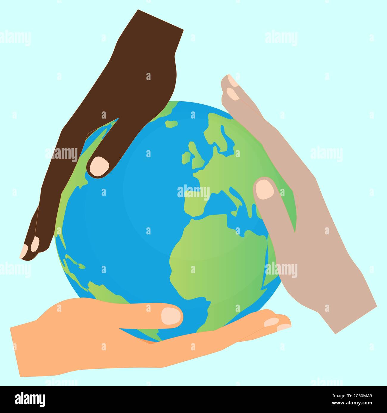 Three hands of different human races holding the globe Stock Vector