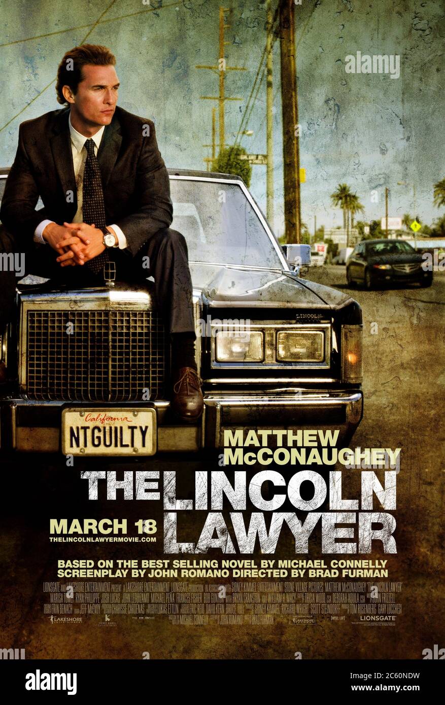 The Lincoln Lawyer (2011) directed by Brad Furman and starring Matthew McConaughey, Marisa Tomei, and Ryan Phillippe. Mickey Haller a defense lawyer uncovers evidence that his client may be guilty of more then the current charge. Stock Photo