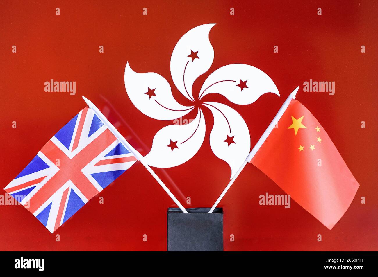 Nuremberg, Deutschland. 04th July, 2020. Flags of China and Great Britain. The countries are in dispute over the actions of the Chinese government after the new security law for Hong Kong | usage worldwide has been passed Credit: dpa/Alamy Live News Stock Photo