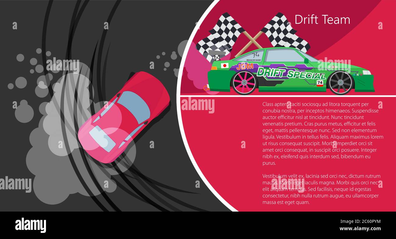 Top view of a drifting car. Drift banner for web. Drift team. Vector illustration. Stock Vector